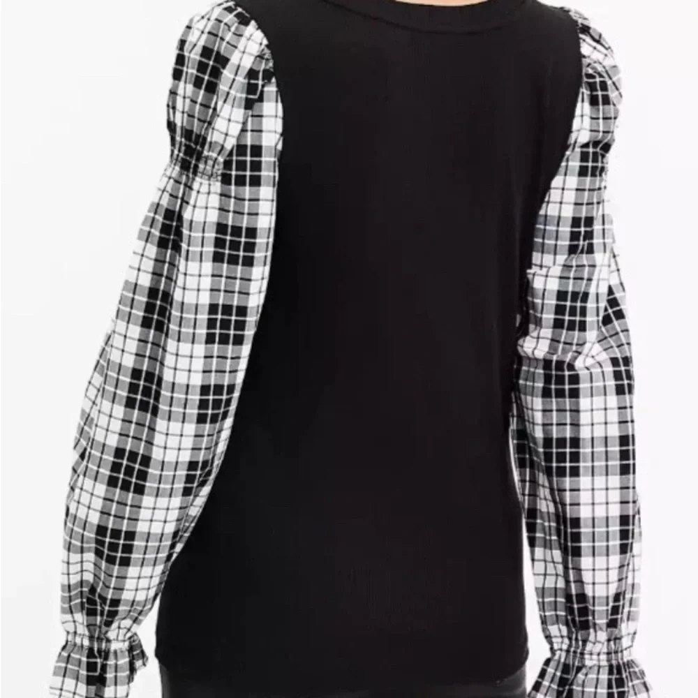Loft Long Plaid Sleeve Knit Top Black Ivory Sz M